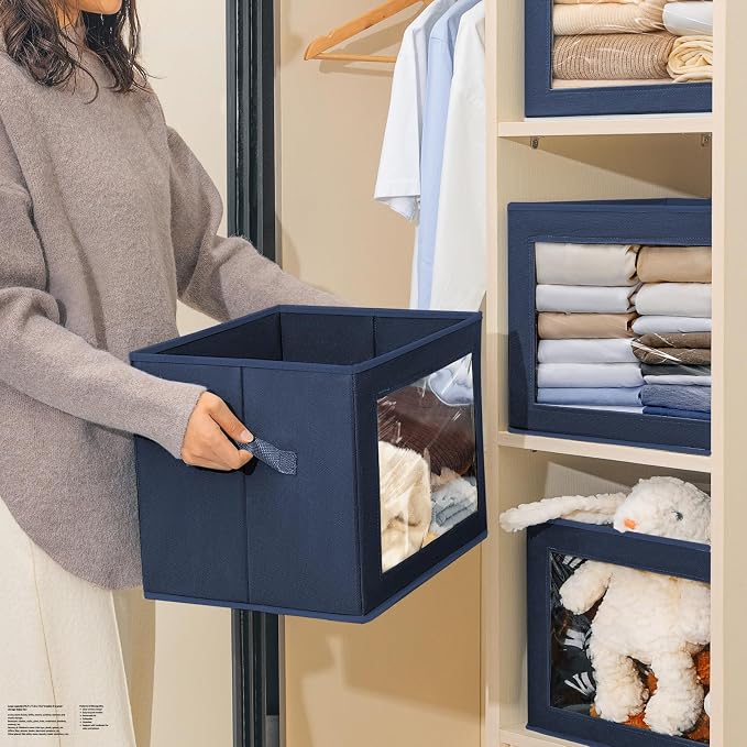 Homsorout Stackable Storage Bins with Lids - Large Storage Box with Lids, Foldable Closet Boxes for Organizing, Wardrobe Clothes Organizer with Window, Cubes Bins for Living Room, 3 Pack, Navy Blue - Image 5