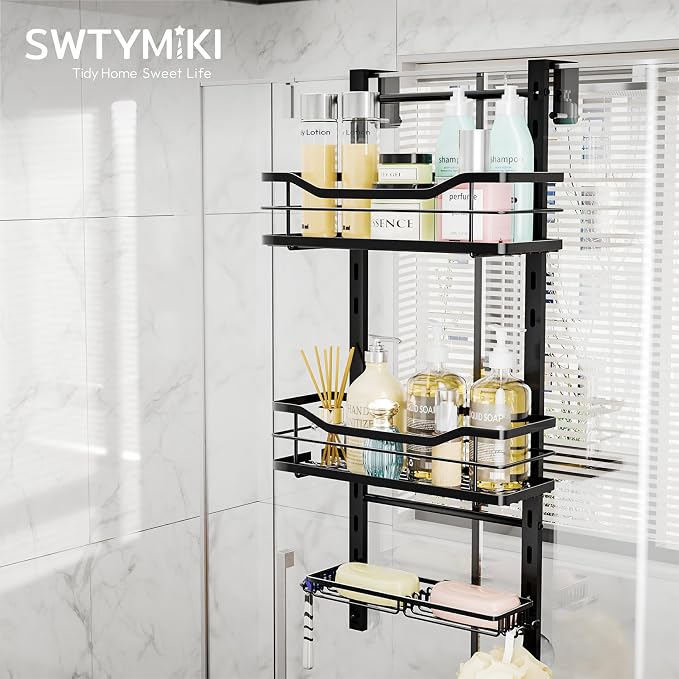 SWTYMIKI Over the Door Shower Caddy - 3 Tier Adjustable Shower Organizer Hanging with Soap Holder, No Drilling Stainless Steel Bathroom Rack Hanging for Body Wash, Shampoo, Soap, Razor, Black - Image 2