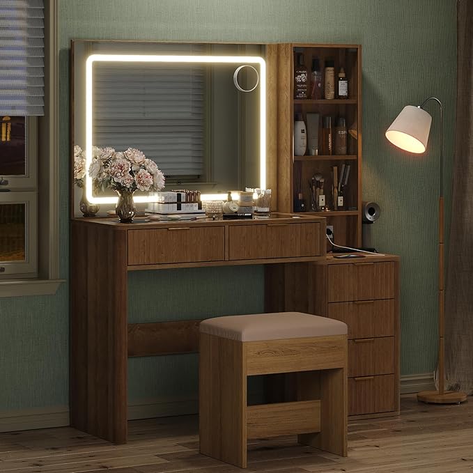 Fluted Vanity Desk with 3-Color LED Mirror, 43.3" Makeup Vanity with Glass Top & Glass Door, 6-Drawer Wood Vanity with Charging Station, Includes Vanity Stool, Natural Oak