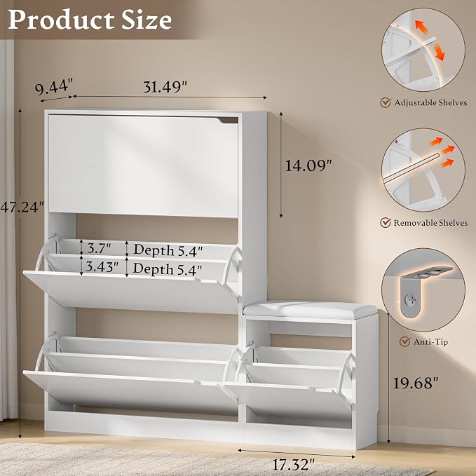 BORNOON Shoe Cabinet with Bench and 3 Flip Drawers, Slim Narrow Shoe Storage Cabinet, Freestanding Shoe Rack Organizer with Adjustable & Removable Shelves, Anti-Tip for Entryway, Hallway, Foyer - Image 2