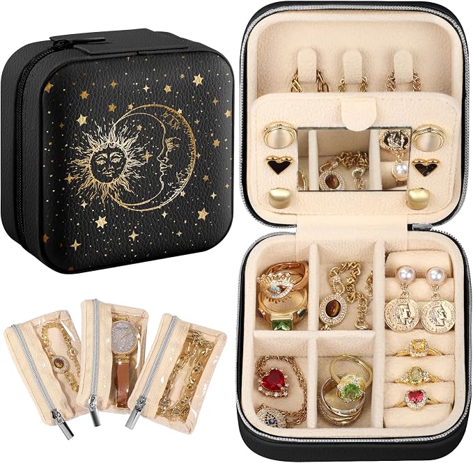 Bistup Travel Jewelry Case - Small Jewelry Organizers and Storage Box for Women Girls Teens Cute Traveling Jewelry Holder with Mirror Little Tiny Compact Modern Unique Aesthetic Pretty, Sun and Moon by Bistup