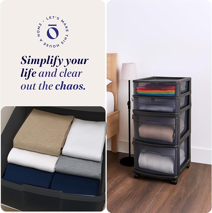 HOMZ Drawer Tower, 4-Tier Clear Plastic Storage Organizer Cart, Black Frame - Rolling Drawer Containers with Wheels for Bathroom, Bedroom, Office, and Classroom Organization - Image 7