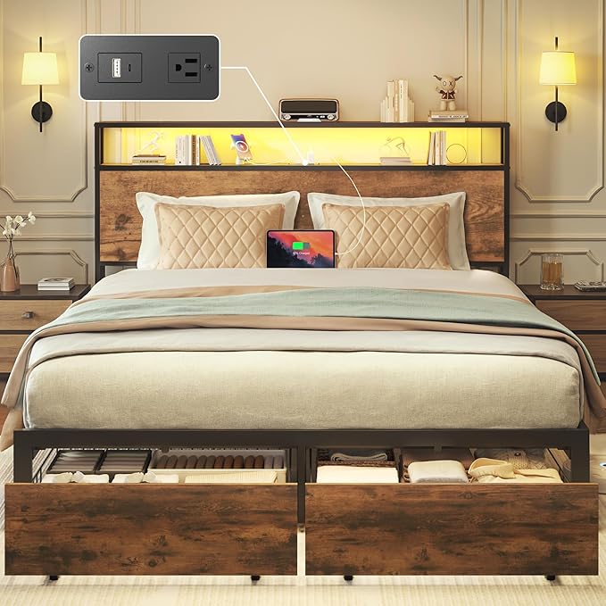 Lifezone Queen Bed Frame with 2-Tier Storage Headboard, Metal Bed Frame with Storage Drawers & Built-in Charging Station & LED, Noise-Free, No Box Spring Needed, Easy Assembly, Retro Brown