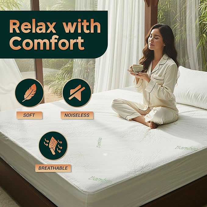 Waterproof Mattress Protector Cover- Bamboo Viscose 260 GSM mattress cover, Breathable, Noiseless, Fitted style, Fits upto 15 Inches deep mattress (Twin)