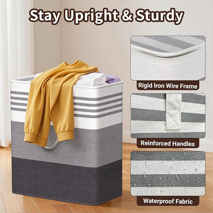 WOWBOX 2 Pack Laundry Hampers Baskets, Freestanding Dirty Clothes Hampers with Reinforced Handles & Cross Stitch & Waterproof Coating, for Laundry Bedroom Bathroom, 2 x 100L - Image 3