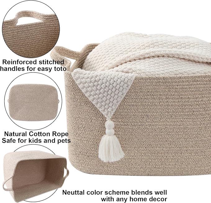 96L Large Blanket Basket,24"x16"x15"Rectangle Storage Bin with Handles,Woven Rope Laundry Basket for Toys, Clothes,Magazines,Home Organization,Nursery,Living Room & Bedroom,Brown - Image 3