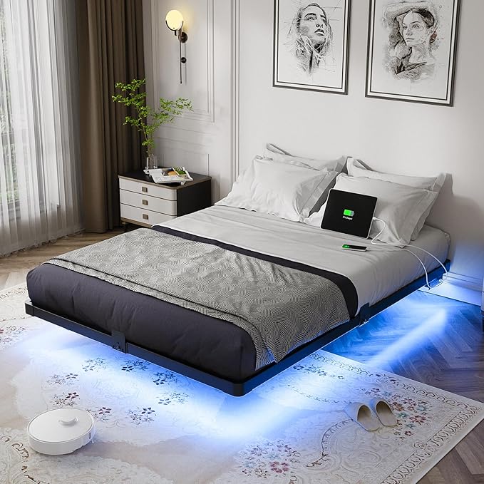 OLEVS Floating Bed Frame Full Size with Smart LED Lights and Charging Station - Modern Metal Platform Bed, Easy Assembly No Box Spring Needed