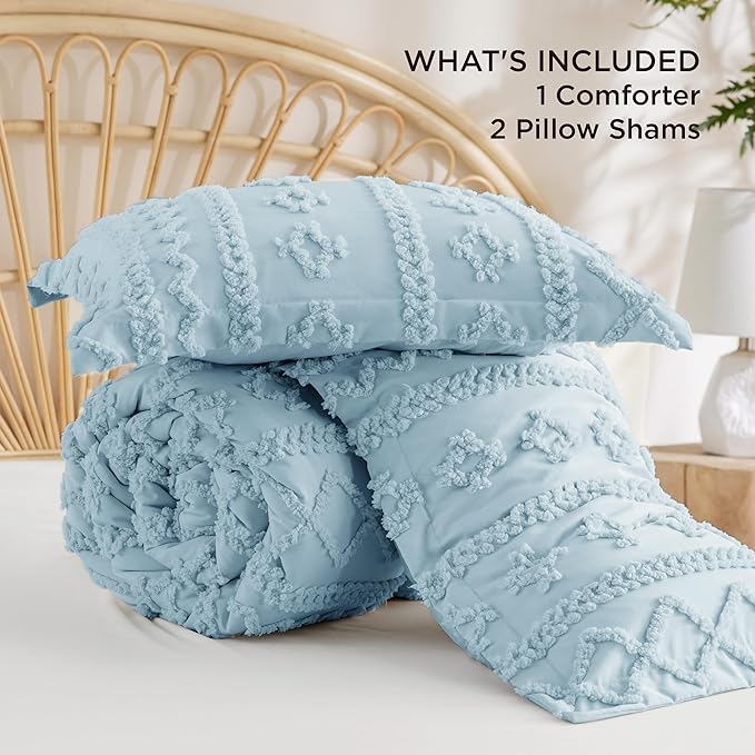 Bedsure Tufted Boho Comforter Set Queen Size - Light Blue Boho Bed Set, GentleSoft™ 3 Pieces Farmhouse Shabby Chic Embroidery Bedding, Gifts for Woman, Soft Jacquard Queen Comforter for All Seasons