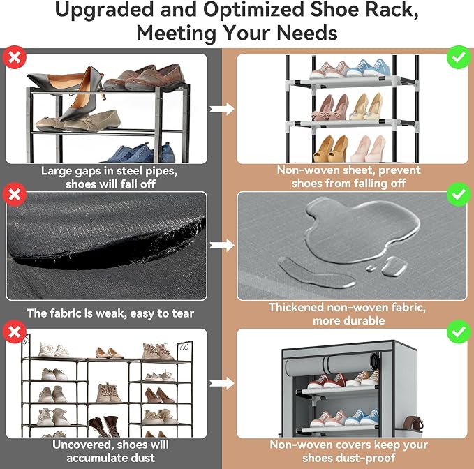ROJASOP Shoe Rack with Covers 10 Tier Large Shoe Organizer Tall Shoe Closet Storage for 20-22 Pairs Shoe and Boot, Free Standing Shoe Rack Organizer for Closet, Entryway, Bedroom, Grey - Image 7