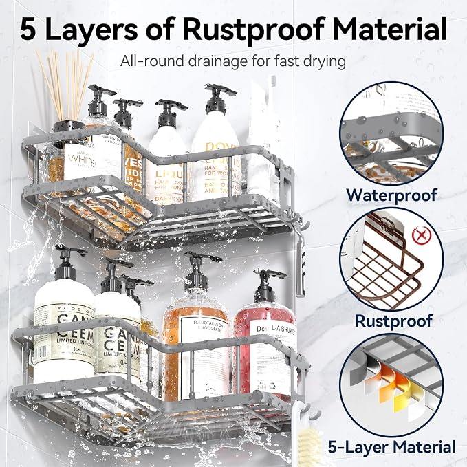 YASONIC Shower Caddy Corner, 3-Pack Adhesive Rustproof Stainless Steel Shower Shelves with Soap Holder, No Drilling Shower Organizer Corner for Dorm, Renters Bathroom, Grey - Image 5