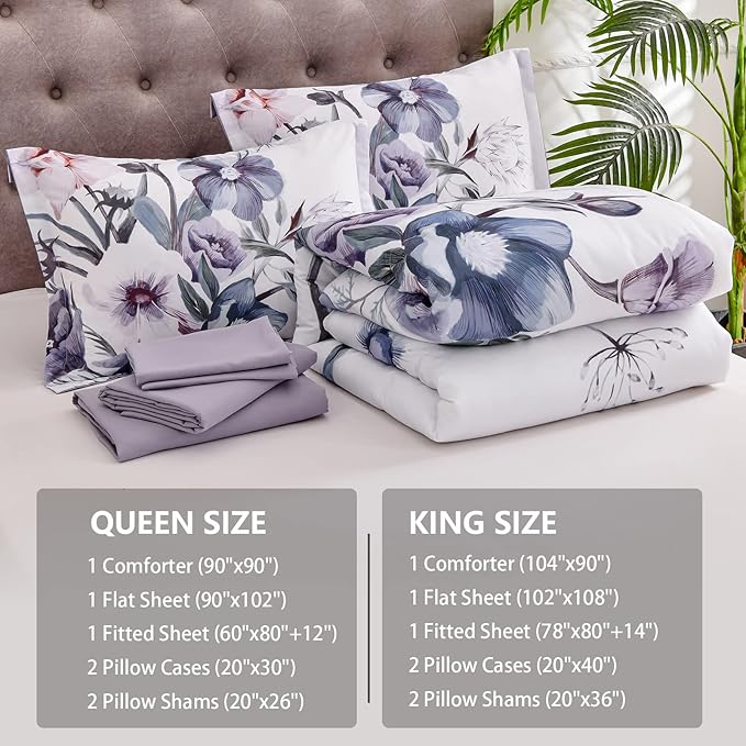 Luxudecor Floral Comforter Set Queen Size 7 Piece, Purple Flower Bed in a Bag, Elegant Floral Comforter with Sheet Set, Soft Microfiber Bedding Set for All Season (Purple, 90"x90")
