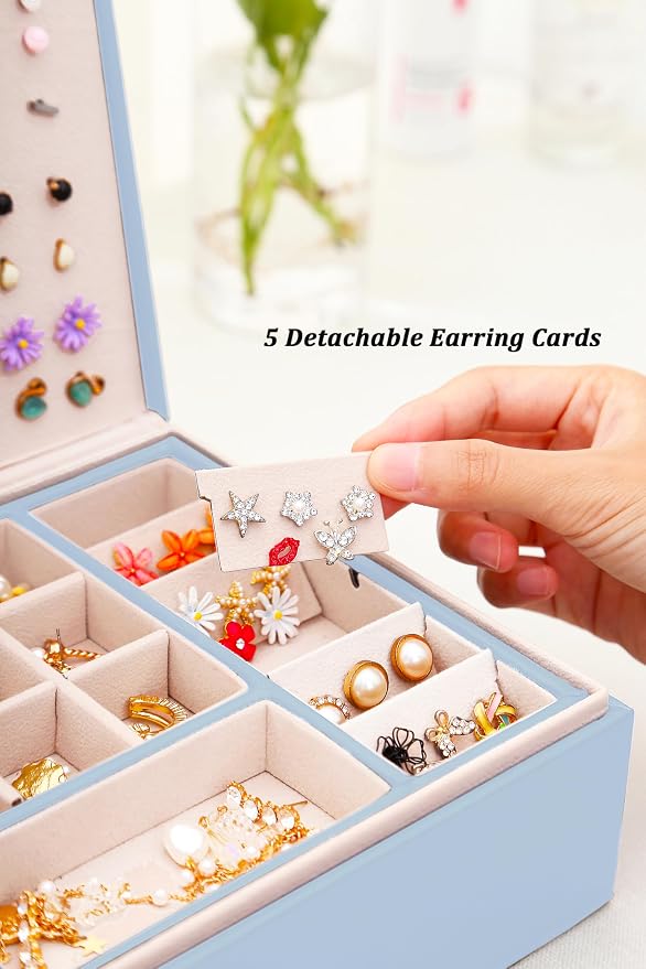 QBestry Girls Jewelry Box Earring Holder Organizer for Girls Jewelry Organizer Box Stud Earrings Organizer for Girls Womens Blue Jewelry Box for Earrings and Necklaces Rings Stud Earrings Box for Teen - Image 3