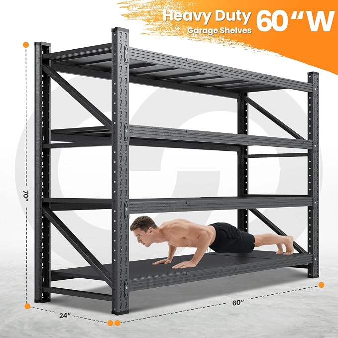 60" W Metal Shelving Heavy Duty, 24" Deep Large Storage Shelves, 4 Tier Tall Steel Industrial Shelving, 5000 LBS Adjustable Standing Shelf for Warehouse/Shop 60" W x 24" D x 70" H - Image 2