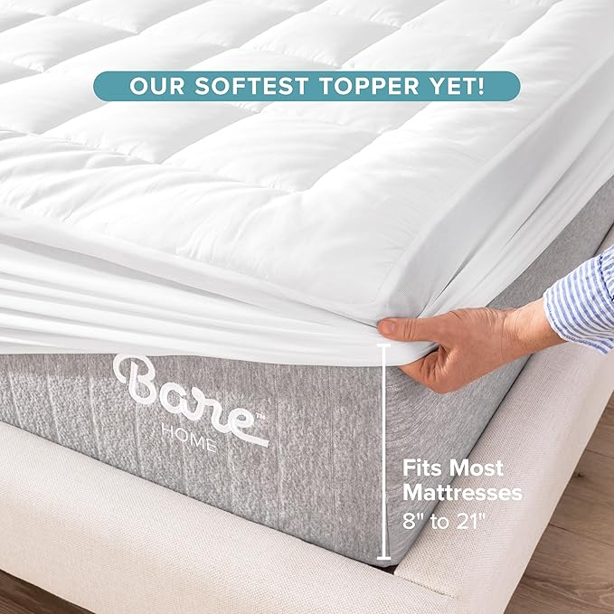 Bare Home Twin Size Mattress Cover with Breathable Cotton Top and Down Alternative Fill - Machine Washable
