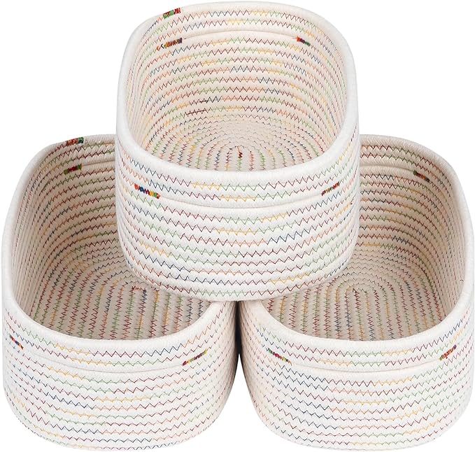CubesLand Rectangle Woven Cotton Rope Organizer, Small Rainbow Basket for Kids, Baby & Pets' Toys, Shelves Storage by CubesLand