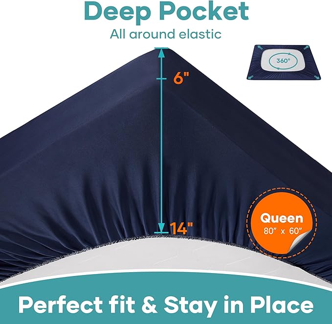 OhGeni 100% Waterproof Mattress Protector, Navy Blue Queen Size, Fitted Sheet with Deep Pockets, 6''-18'', Premium Noiseless Breathable Soft Material, Mattresses Cover for Bed