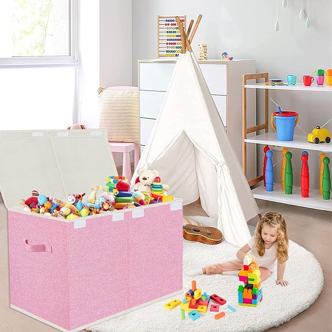 VERONLY Large Collapsible Toy Storage Box with Lid & Handles - Kids Organizer Chest for Toys, Clothes, Blankets (Pink, Nursery, Playroom, Bedroom)-24.5''×13''×16'' - Image 8