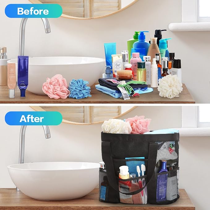 HAOGUAGUA Large Mesh Bathroom Shower Caddy, Mesh Beach Pool Bag, Portable Toiletry Tote Bag for College Dorm Bathroom Gym Swimming (Black) - Image 6