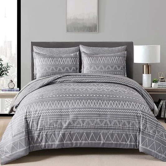 WONGS BEDDING Grey Boho Comforter Set Queen Size,Dark Grey Bed in a Bag 7 Pieces Texture Stripe Comforter Reversible Soft Microfiber Bedding Set for All Season with Sheets, Pillowcases & Shams