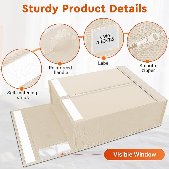 StorageTastic 4 Pack Bed Sheet Closet Organizers and Storage,Sturdy Foldable Storage Containers with Window and Label,Storage and Organization for Bedding Sheets,Duvet Covers,Blankets (Beige) - Image 5