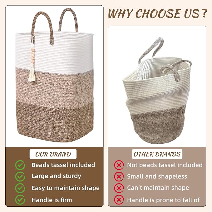 Woven Laundry Basket for Clothes,100 L Large Rectangle Laundry Hampers with Beads Tassel, Nursery Storage Basket for Toys, Tall Dirty Clothes Hamper for Bedroom Aesthetic, Laundry Room Organization - Image 3