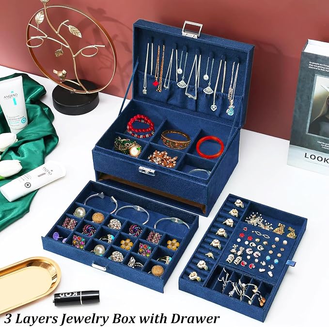 QBestry 3-Layer Jewelry Box for Women with Lock and Key & Drawer, Large Jewelry Organizer with 8 Necklace Hooks & 56 Earring Holes, Navy Velvet Jewelry Storage Box for Necklaces Earrings Ring Bracelet - Image 3