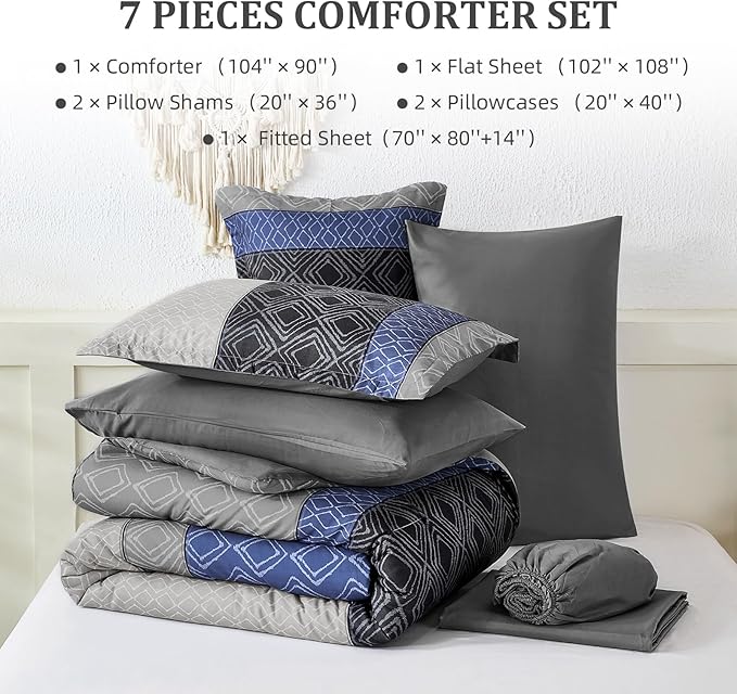Dinjoy Blue Gray King Size Comforter Set,Striped Boho Bed in a Bag King 7 Pieces Soft Fall Bedding Comforters Microfiber Complete Sets for All Season