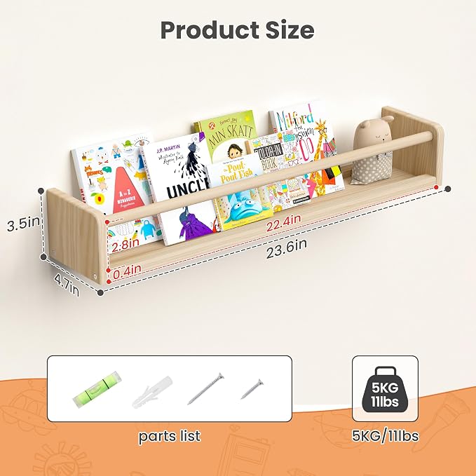 upsimples 2 Pack Nursery Book Shelves, 23.6 Inch Floating Bookshelves for Wall, Baby Nursery Decor, Small Solid Wood Wall Mounted Shelves for Baby Kids Boys Girls, Natural - Image 2
