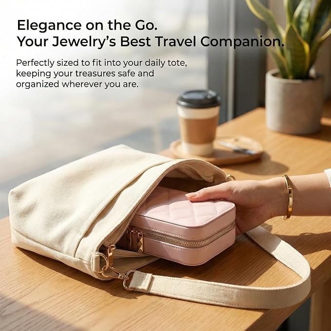 Travel Jewelry Case with Mirror, Quilted Small Jewelry Box Organizer for Women Girls, Portable Earring Necklace Bracelet Ring Holder Storage for Travel Weekend Trips (Blush Pink) - Image 7