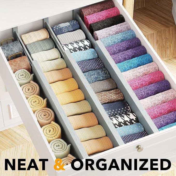 SpaceAid Bamboo Dresser Drawer Dividers 6 Pack, 4.65“ High Adjustable 17“-22” Drawer Organizers, Expandable Organization for Clothing, Clothes, Dressers, Gray - Image 2