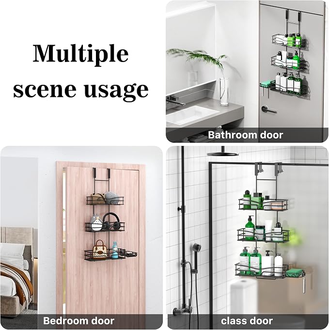 DAOYA Over the Door Shower Caddy Hanging, 3 Tier Adjustable Shower Organizer with Soap Holder, Rustproof Bathroom Shelves Hanging on the Bathroom Glass Door, Matte Black - Image 4