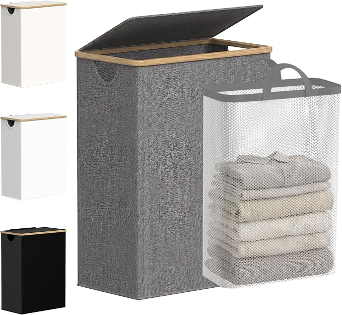 efluky Slim Laundry Basket with Lid, Narrow Laundry Hamper with Removable Bag, Skinny Dirty Clothes Basket with Bamboo Handles for Bathroom, Bedroom & Laundry Room, 65L Grey by efluky