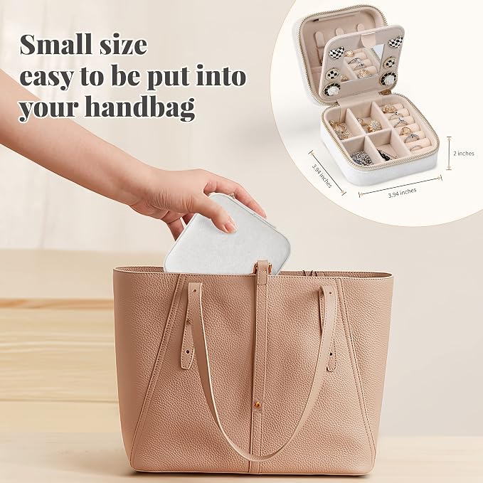 Dajasan Velvet Jewelry Box, Mini Travel Jewelry Case, Portable Travel Jewelry Organizer with Mirror for Birthday Mother's Day Valentine's Day(Beige) - Image 3