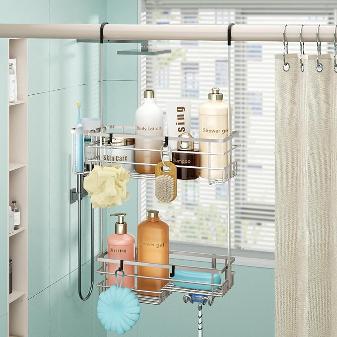 HapiRm Hanging Shower Caddy Organizer - No Drilling Shower Shelves with Hooks and Toothbrush Holder, Rustproof 304 Stainless Steel Bathroom Organizer - Brushed Nickel - Image 7