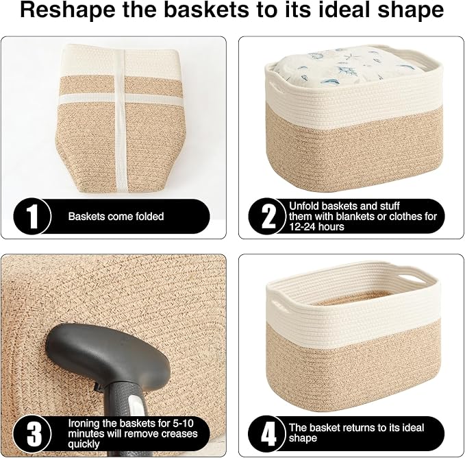 ICERZCZ Storage Baskets for Organizing & Shelves, Woven Cotton Rope Organization Bins for Dog Toys, Clothes, Books, Nursery Organizer, 15" Lx11''Wx9.5''H, (4 Packs) Off White & Brown - Image 7