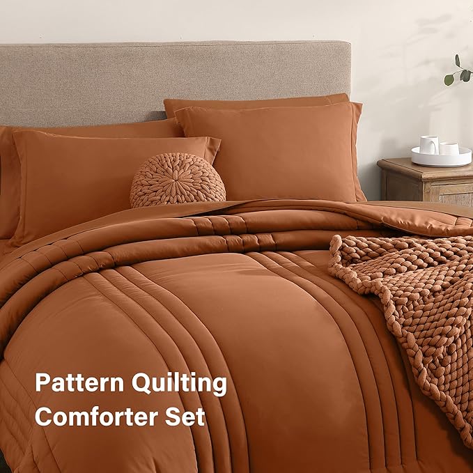 Monbix Super King Size Comforter Set - 7 Pieces Burnt Orange Bed in a Bag Super King Bedding Sets with Comforters, All Seasons Comforter Bed Set with Sheets,Pillowcases & Shams