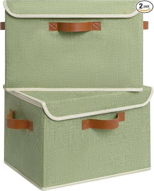GRANNY SAYS Fabric Storage Bins with Lids, Decorative Storage Boxes with PU Handles, Keepsake Memory box, Shelf Baskets for Closet, Sage Green/White, Large, 2-Pack by GRANNYSAYS