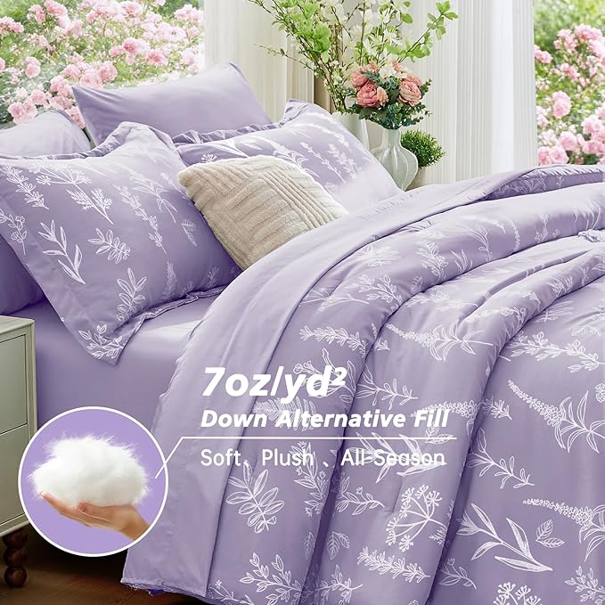 MUXHOMO Lavender Purple Bed in a Bag King 7 Pieces, King Comforter Set Reversible Botanical Flowers Design, Ultra Soft & Breathable Bedding Sets with Comforter, Sheets, Pillowcases & Shams