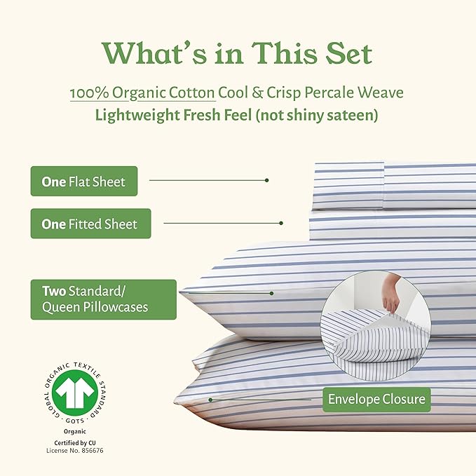 California Design Den Full Sheet Set Stripe, 100% Organic Cotton Percale Sheets, Deep Pocket Full Sheets & Pillowcase Set - Blue Stripe