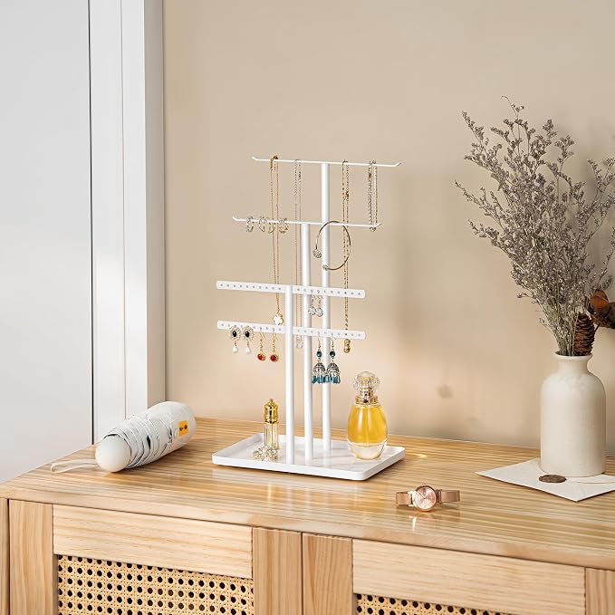 pickpiff Jewelry Stand Organizer, 14.5" Tall Sturdy Metal, 3-TierJewelry Holder for Necklace, Earring, Bracelet, Ring, Hanger for Display and Storage, Aesthetic Room Decor, White - Image 6