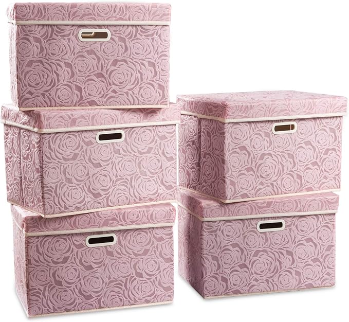 PRANDOM Large Foldable Storage Boxes with Lids [5-Pack] Fabric Decorative Storage Bin Cubes Organizer Containers Baskets with Cover Handles for Bedroom Closet Nursery Pink 17.7x11.8x11.8 Inch by Prandom