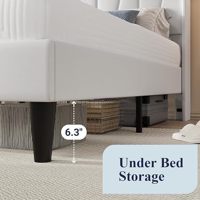 Allewie Full Size LED Bed Frame with Charging Station, Velvet Upholstered Platform Bed with Geometric Wingback Headboard, Modern Frame with No Box Spring Needed, Easy Assembly, White