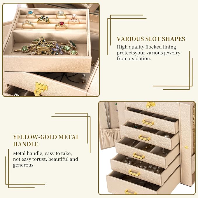 AKOZLIN 6-Tier Jewelry Box Organizer Functional Leather Jewelry Storage Case for Women Girls Ring Necklace Earring Bracelet Holder Organizer with Mirror - Image 4