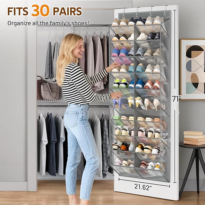 MISSLO 30 Pairs Over the Door Shoe Organizer Breathable Mesh Hanging Shoe Rack for Closet Storage with Wide Deep Pockets 10 Tier Shoes Holder Fit All the Family's Sneakers, Boots, Heels (Grey, 71") - Image 2