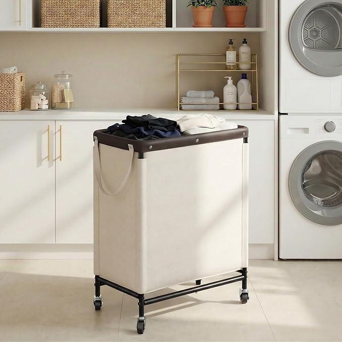 StorageWorks 2 Section Laundry Hamper, Rolling Laundry Cart with Wheels and Handles, Laundry Room Double Sorter for Organizer and Storage, 26.4 Gal(100L), Beige - Image 6
