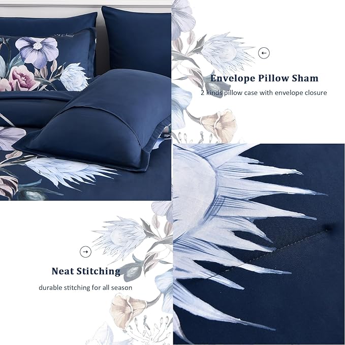 Luxudecor Floral Comforter Set Queen Size 7 Piece, Navy Flower Bed in a Bag, Elegant Floral Comforter with Sheet Set, Soft Microfiber Bedding Set for All Season (Navy, 90"x90")