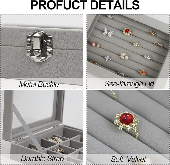 Fordonral Velvet Jewelry Organizer Box, Jewelry Drawer Organizers Trays, Earring Ring Necklace Holder Display Case (Gray, Ring Box) - Image 2