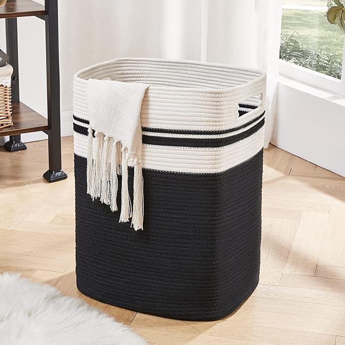 OIAHOMY Laundry Hamper-Laundry Basket,Tall Cotton Storage Basket with Handles,Decorative Blanket Basket for Living room,Collapsible Large Basket for Toys,Pillows,Clothes Organizer-16x13x22in-Black by MasterofSpaceOptimization