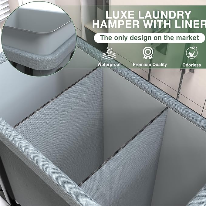 60 Gal (230L) High Grade Large Laundry Basket with Wheels, Rolling Laundry Hamper, Laundry Cart with Metal Frame and Removable Bag Design, Suitable for Laundry Room, Bedroom (Grey, 3 Section 230L) - Image 3