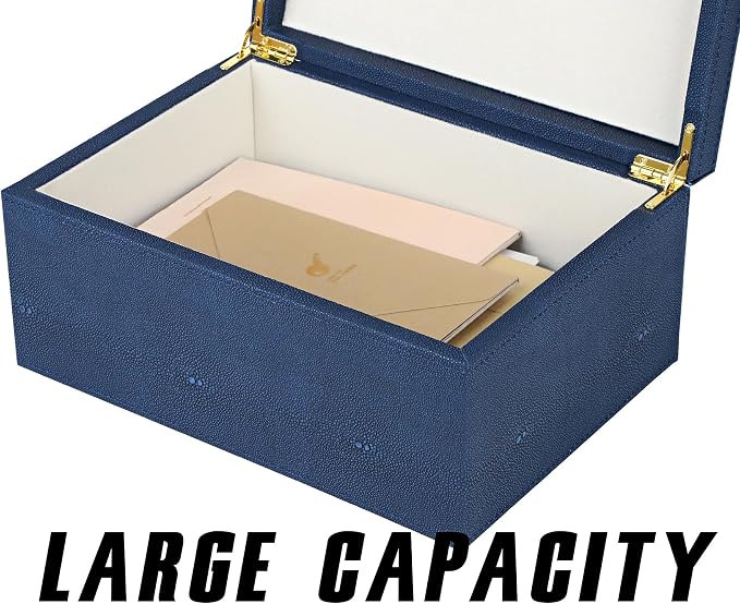 HofferRuffer Faux Leather Decorative Box, Large Wooden Structure Keepsake Box Accessory Organizer Jewelry Organizer with Hinged Lid, Storage Container for Home or Office (NavyBlue Shagreen) - Image 7